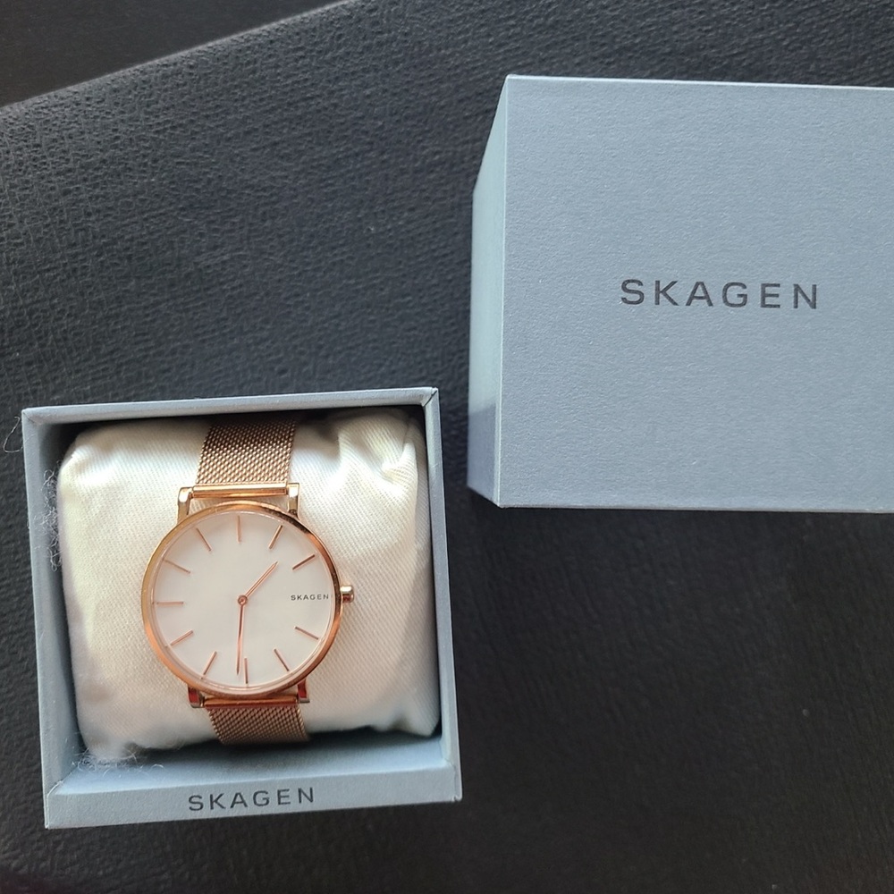 Skagen Rose Gold Mesh Watch with White Dial